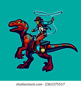 Cowboy Holding the Lasso Rope Riding Raptor Mascot Illustration