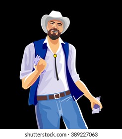 Cowboy holding money. Flat vector illustration on black background