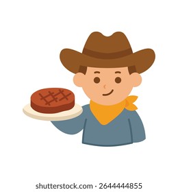 Cowboy Holding Steak Vector Cartoon Illustration