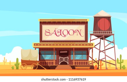 Cowboy horizontal background composition with wild west landscape and vintage building of saloon with water tower vector illustration