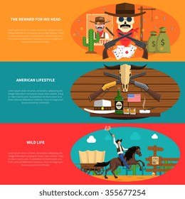Cowboy horizontal banner set with wild lifestyle flat elements isolated vector illustration