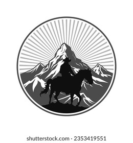 Cowboy and horse. Black silhouette. Mountain landscape. Vector illustration