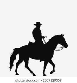 Cowboy and horse. Black silhouette. Vector illustration