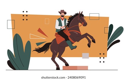 Cowboy and horse concept. Man in hat, traditional East american guy. Traditional historical character. Graphic element for website. Cartoon flat vector illustration isolated on white background