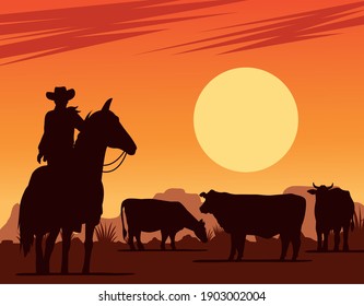 cowboy in horse and cows in the desert sunset scene vector illustration design