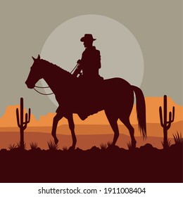 cowboy in horse desert landscape scene vector illustration design