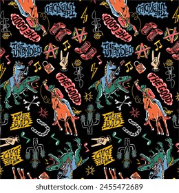 cowboy horse dinosaurs rock cartoon pop art color seamless pattern in vector