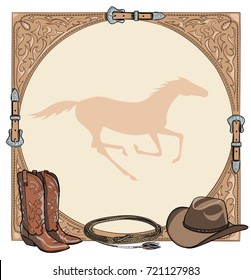 Cowboy horse equine riding tack tool in the western leather belt frame. Western boot, hat, lasso rope and galloping horse. Hand drawing vector background. 