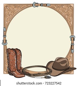 Cowboy Horse Equine Riding Tack Tool In The Western Leather Belt Frame. Western Boot, Hat, Lasso Rope. Hand Drawing Cartoon Vector Background. 