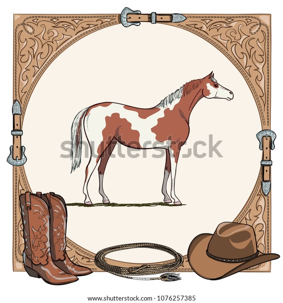 Cowboy horse equine\
riding tack tool in the western leather belt frame. Western boot,\
hat, lasso rope and pinto or piebald horse. Hand drawing vector\
cartoon background. 