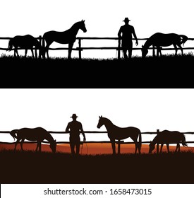 cowboy and horse herd behind wooden fence - grazing animals and rancher vector silhouette design