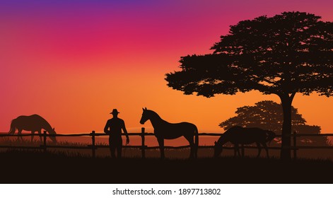 cowboy and horse herd behind wooden fence - grazing animals and rancher at sunset field with trees vector silhouette landscape