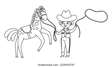 Cowboy with the horse and lasso. Vector cartoon outline children illustration. Coloring page for kids cowboy party.