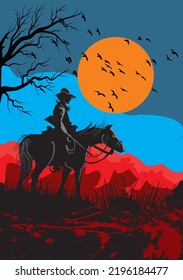 Cowboy With Horse Nn Night illustration