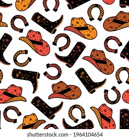 Cowboy Horse Ranch seamless vector pattern. Cowboy boots, hat, horseshoe repeating background. Wild West surface pattern design for fabric, wallpaper, packaging, wrapping.