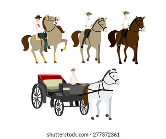 cowboy horse riding carriage isolated vector set