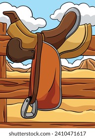 Cowboy Horse Riding Saddle Colored Cartoon