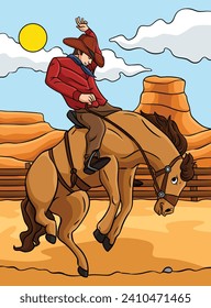 Cowboy Horse Rodeo Colored Cartoon Illustration