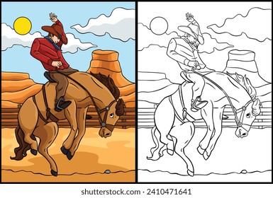 Cowboy Horse Rodeo Coloring Page Illustration