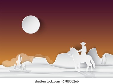 Cowboy and horse, Saguaro Cactus in the desert, nature background, paper art style illustration