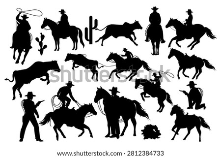 Cowboy and Horse Silhouette Vector Set. Rodeo Ranch and Wild West Elements. Template Illustration Isolated on White Background