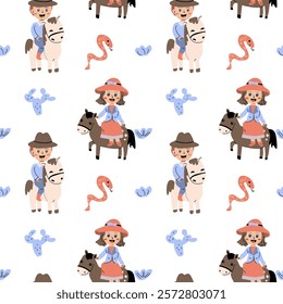 Cowboy and horse themed childish pattern with cute characters and cacti.