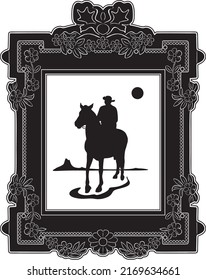 cowboy with horse with vintage frame handmade silhouette black design