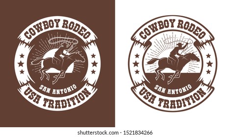 Cowboy Horseman With Lasso - Western Rodeo Vintage Emblem. Cowboy Rider Logo Stamp Style. Vector Illustration.