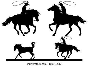 cowboy horsemen fine vector silhouettes - black riders over white