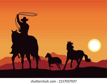 cowboy with horses silhouette scene