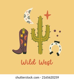 Cowboy Horseshoe Boot Cactus West Wild Print. Abstract Design Illustration. Doodle Hand Drawn Naive Vector Minimalism Clipart Art