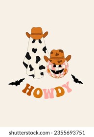 Cowboy Howdy. Funny Halloween cowboy poster. Disco ball and ghost wearing cowboy hat. Vector