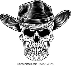 A cowboy human skull and wearing a western style hat. Grim reaper western wild west cartoon.