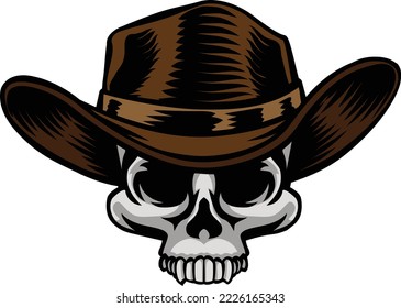 Calavera humana de vaquero con sombrero de estilo occidental. Caricatura del occidente salvaje y salvaje de la zona más parca.