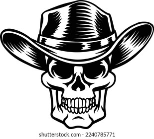 A cowboy human skull and wearing a western style hat. Grim reaper western wild west cartoon.