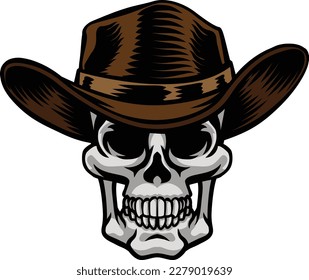 Calavera humana de vaquero con sombrero de estilo occidental. Caricatura del occidente salvaje y salvaje de la zona más parca.