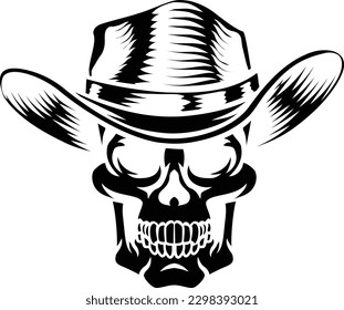 A cowboy human skull and wearing a western style hat. Grim reaper western wild west cartoon.