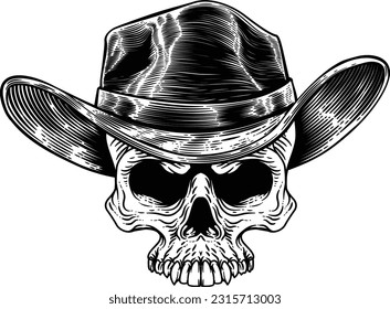 A cowboy human skull and wearing a western style hat. Grim reaper western wild west cartoon.