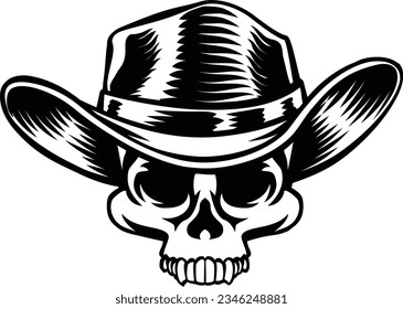 A cowboy human skull and wearing a western style hat. Grim reaper western wild west cartoon.