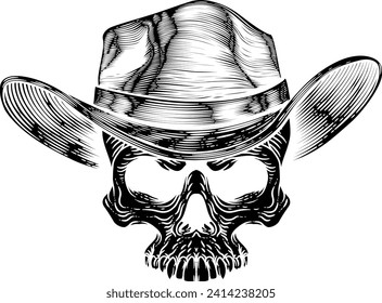 A cowboy human skull and wearing a western style hat. Grim reaper western wild west cartoon.