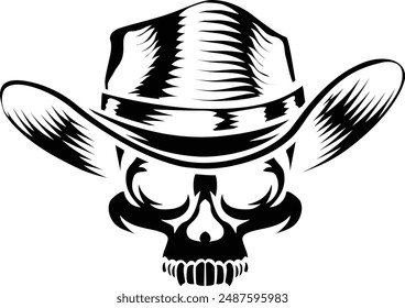 A cowboy human skull and wearing a western style hat. Grim reaper western wild west cartoon.