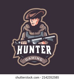 Cowboy hunter vector mascot logo design with modern illustration concept style for badge, emblem, e sport logo and tshirt printing. Cowboy hunter illustration with machine gun in hand.