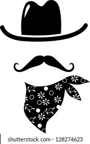 Cowboy Icon. Retro Hat, Mustache And Scarf