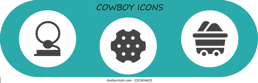 cowboy icon set. 3 filled cowboy icons.  Collection Of - Cowboy, Revolver, Wagon