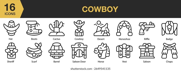 Ícone de Cowboy definido. Inclui western, cowboy, rodeio, texas, selvagem e muito mais. Contornar coleção de vetores de ícones.