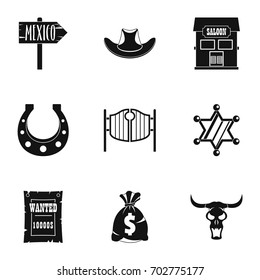 Cowboy icon set. Simple set of 9 cowboy vector icons for web isolated on white background