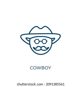 Cowboysymbol. Dünne lineare Cowboyumrandung Symbol einzeln auf weißem Hintergrund. Zeilensymbol für Vektorcowboy, Symbol für Web und Mobile