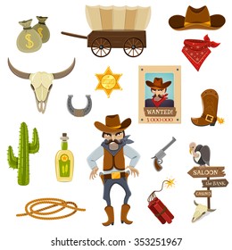 Iconos de cowboy con cráneo dinamita y caricatura herradura ilustraciones vectoriales aisladas