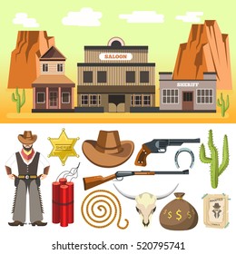 Cowboy Icons Set  And Wild West Scene With Dynamite Skull Gun Hat Horseshoe. Flat Isolated Vector Illustration