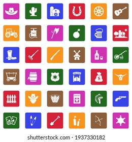 Cowboy Icons. White Flat Collection In Square. Vector Illustration.